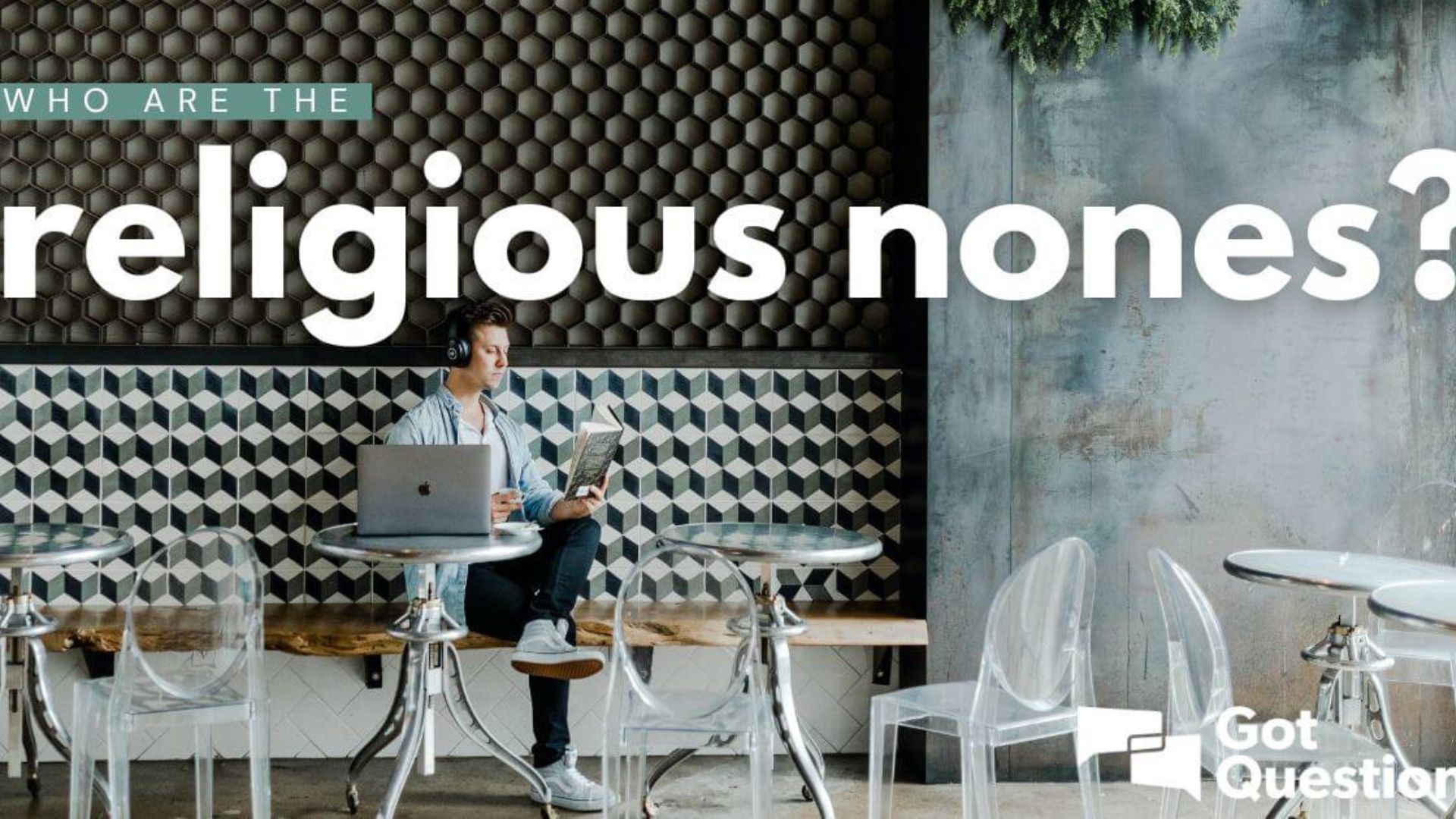 a man sitting while using a laptop and a question written Who are the religious nones?