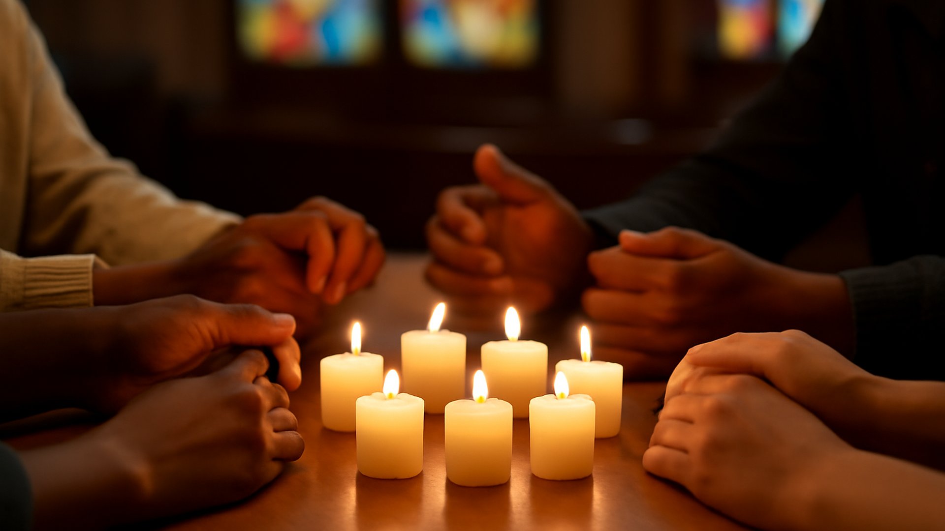 Candles surrounded by diverse hands on a wooden table representing belonging