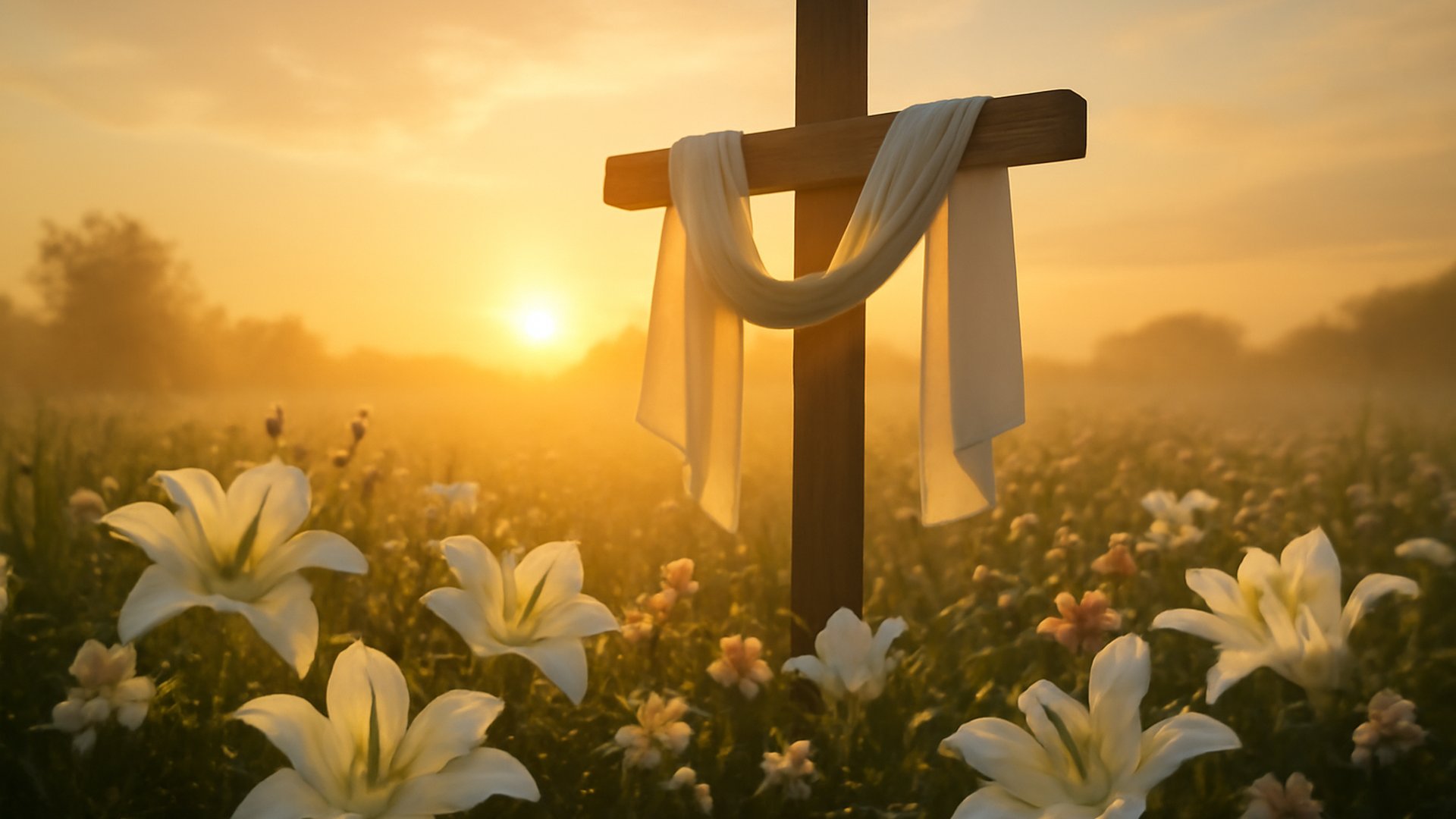 A cross draped with white cloth in a field of lilies at sunrise