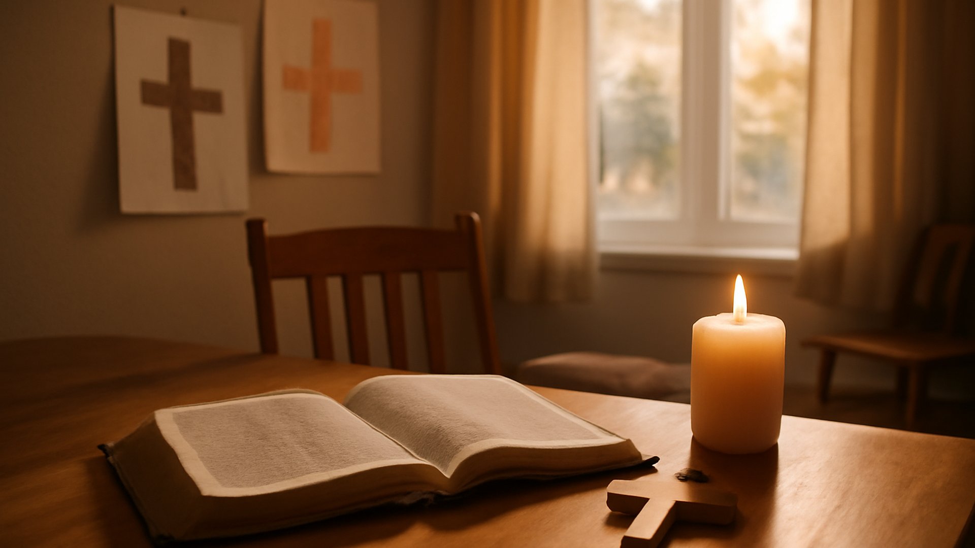 An open Bible, a lit candle, and a small wooden cross on a family table