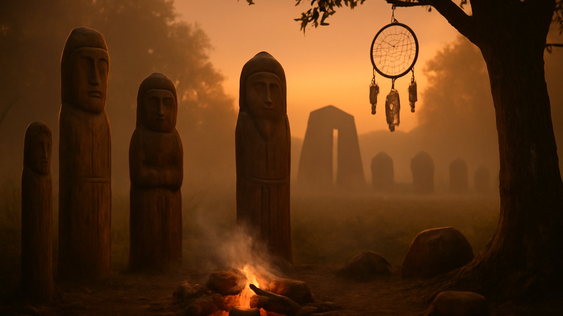 An indigenous sacred site at sunset with totems and ceremonial fire