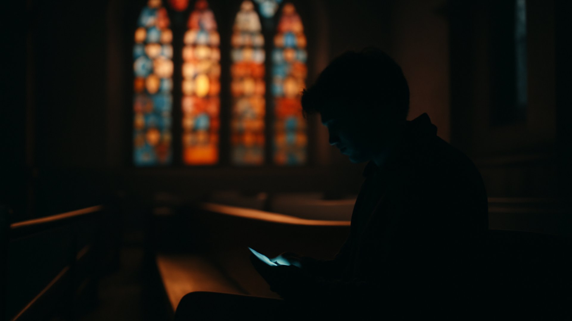 A person sitting alone in a church pew with a glowing smartphone in hand
