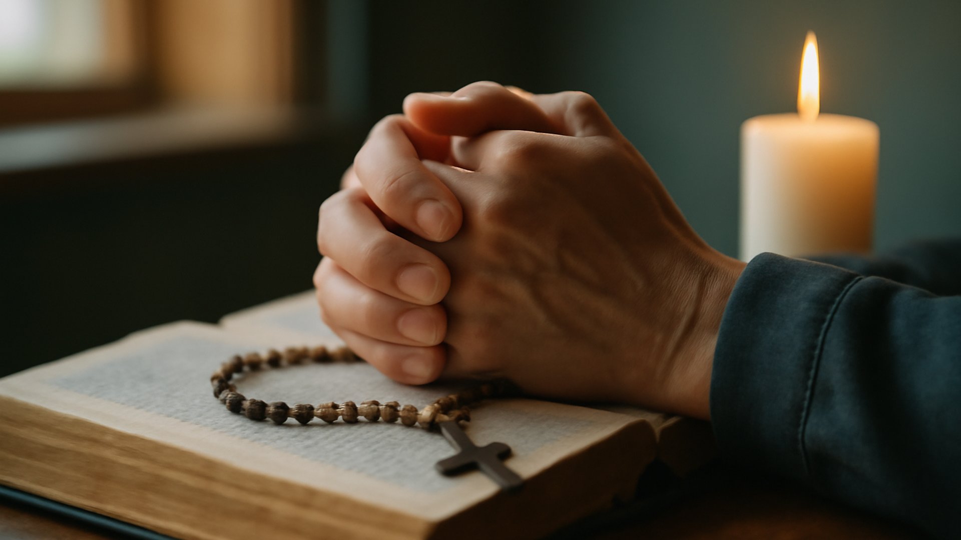 Folded hands resting on an open Bible with a rosary and candle nearby