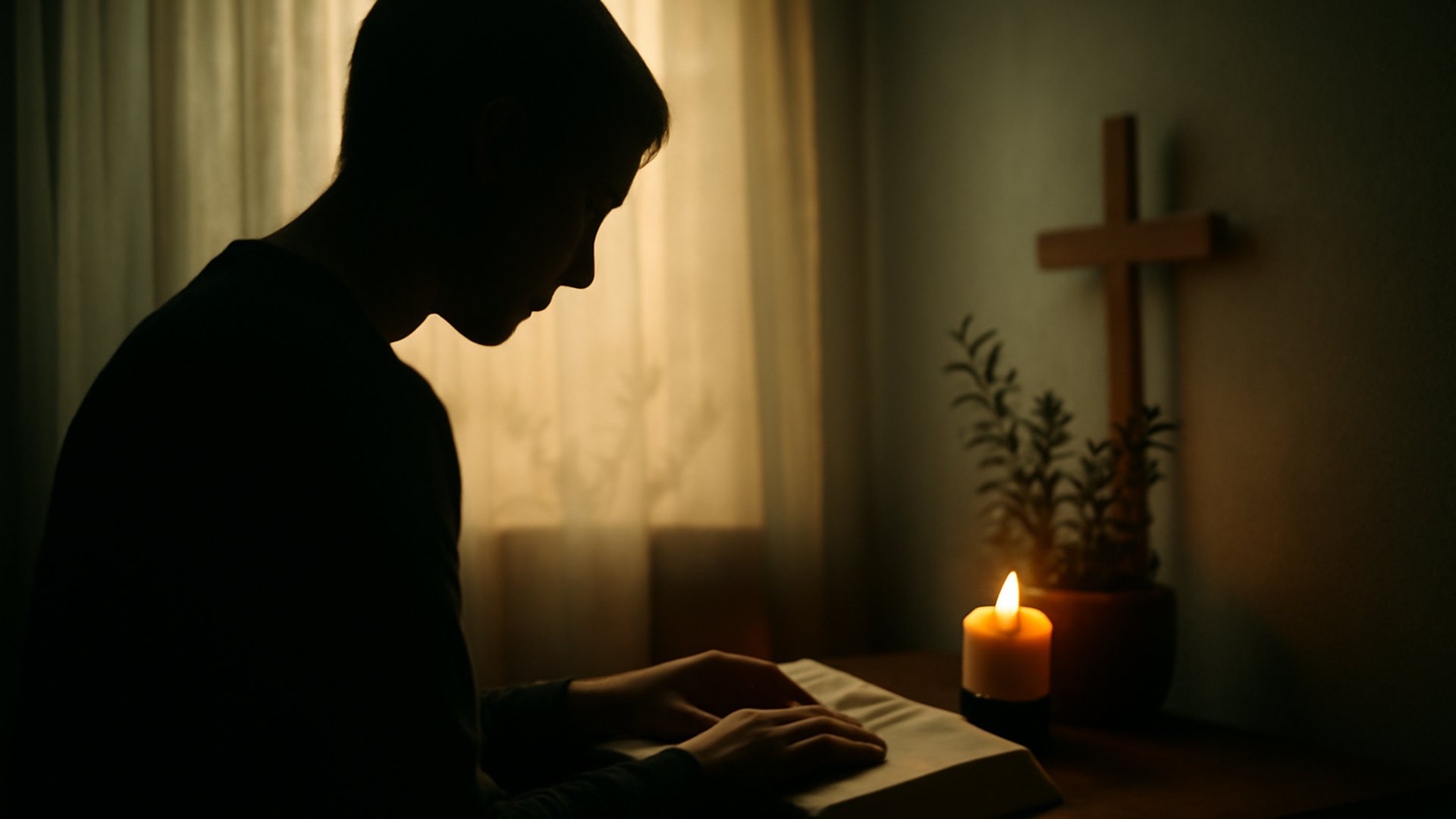 A calm scene with an open Bible and a lit candle representing peace
