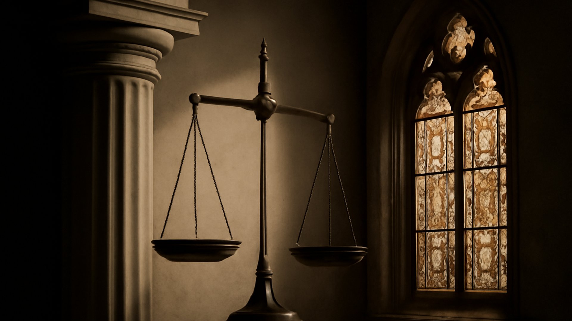 A government column and stained glass window representing religion and politics