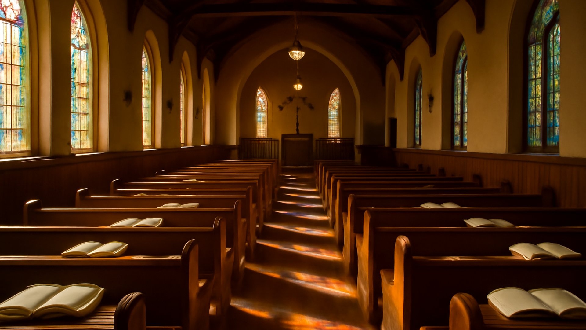 Sunlight streaming through stained glass onto wooden church pews